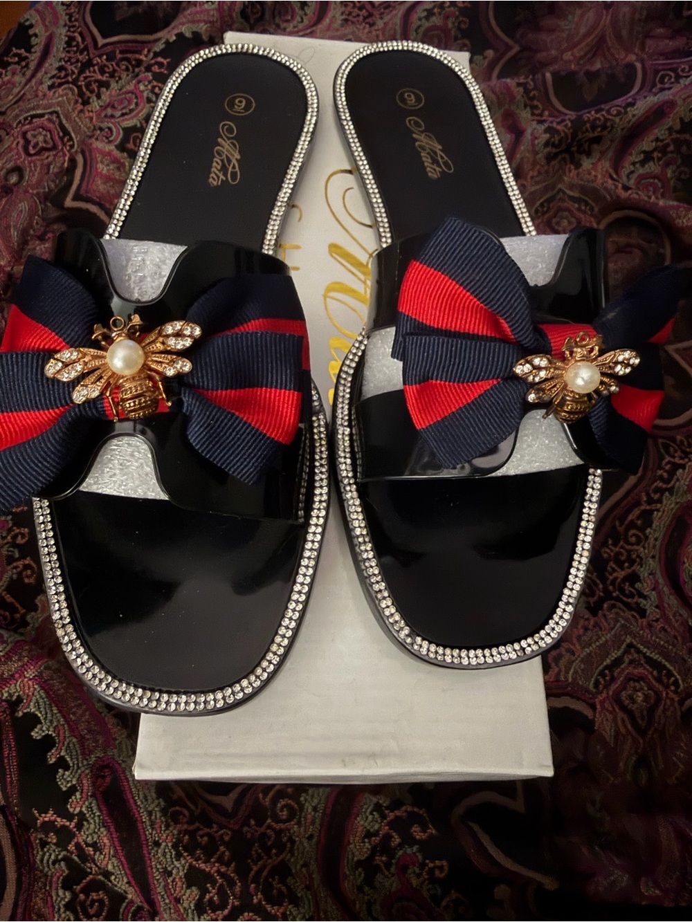 Women's Black Slide Sandals with Navy & Red Bow Accent
